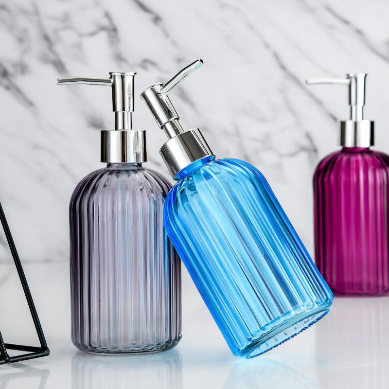 Vertical Stripe Colored Glass Hand Sanitizer Bottle, Transparent & 400 Ml, Press-Type Dispenser, High-Grade Design