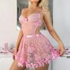 Moterų gėlėta siuvinėta permatoma nėriniuota babydoll miego drabužių komplektas su stringais