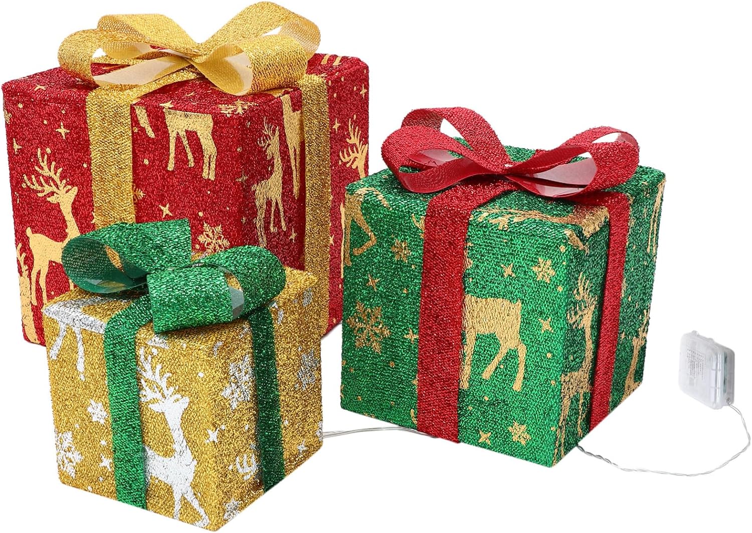 

3PCS Silver 3 Color Christmas Deer Christmas Lighted Gift Boxes with Remote Control Pre-lit 50 LED Light Up Present Box 1.5cm