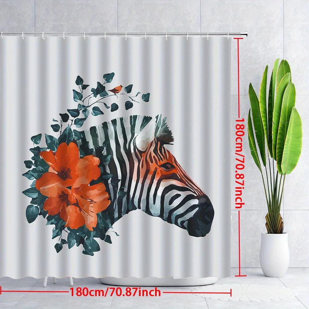 1pc Botanical Zebra Shower Curtain, 70. 87x70. 87 Inches, Polyester Fabric, Machine Washable, Artistic Red Hibiscus & Ivy Design