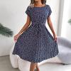 Feng Real Spring/Summer Floral Pleated Skirt with Short Sleeves - Women's European American Style