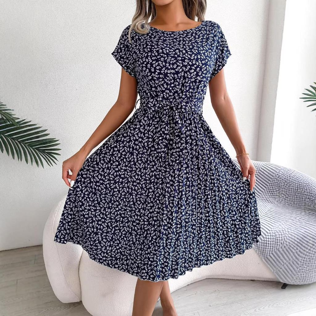 Feng Real Spring/Summer Floral Pleated Skirt with Short Sleeves - Women's European American Style