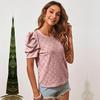 Women Hollow Out Jacquard Bubble Sleeve T-Shirt Solid Color Round Neck Top Blouse Spring Summer Fashion