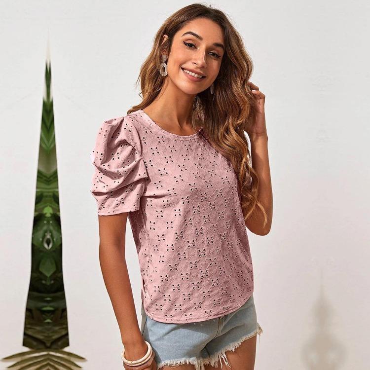 Dame Utkuttet Jacquard Bobleermet T-skjorte Ensfarvet Rund Hals Topp Bluse Vår Sommer Mote