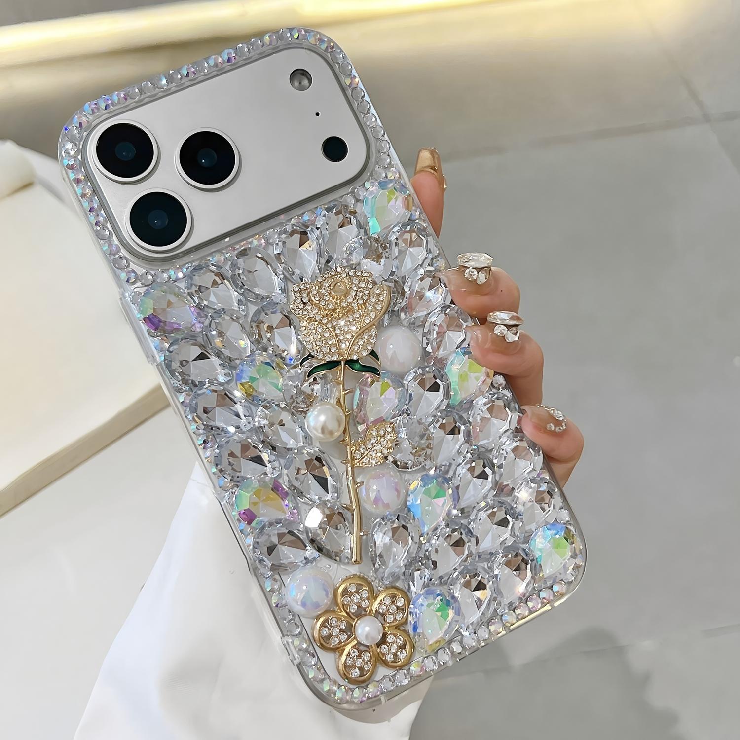 

Glitter Rhinestone Phone Case For Google Pixel 10 9 Pro XL 9A 8 8A 7 7A 6 6A Pink Crystal Diamond Rose Flower Design Google Pixel 6A білий