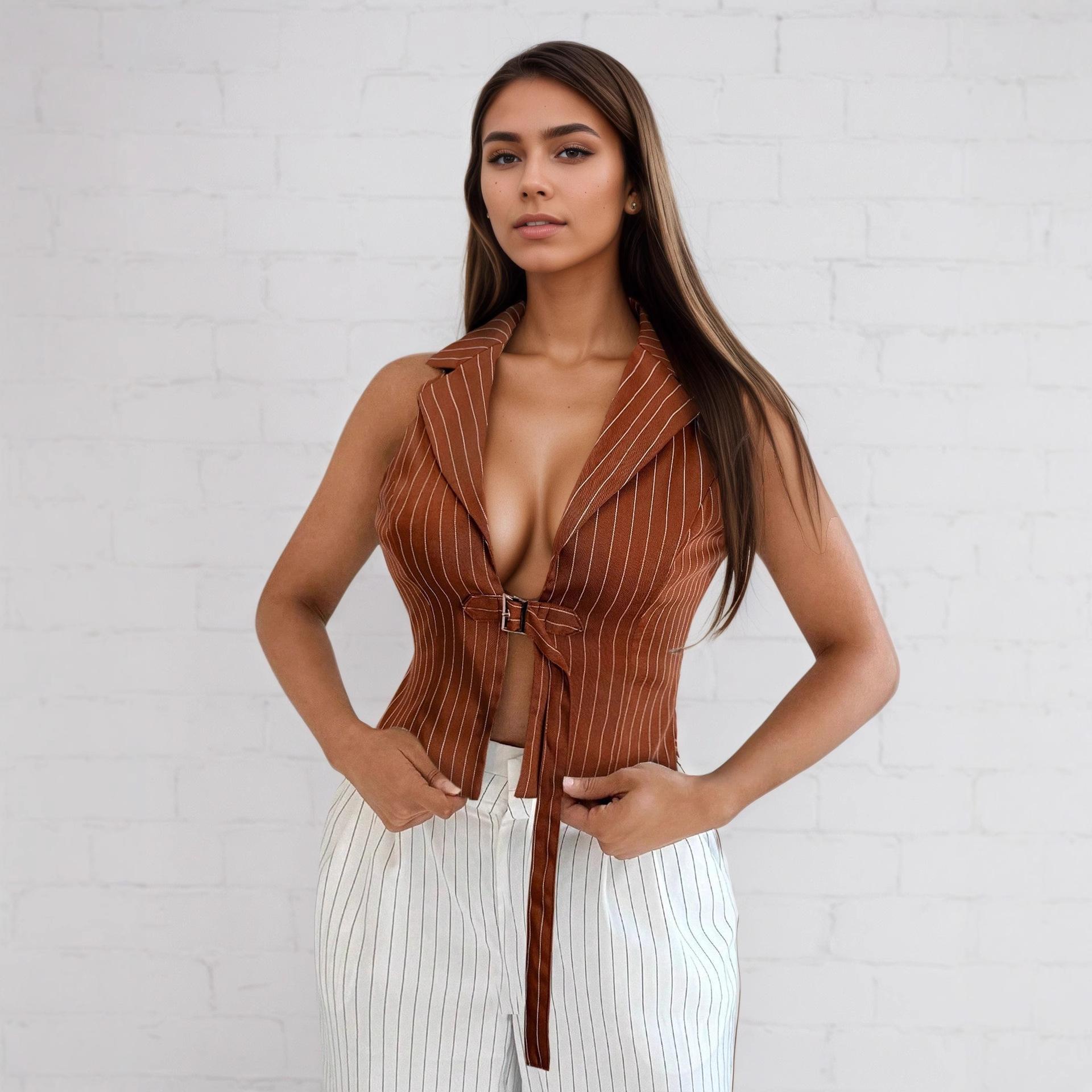 European and American style shirt waist strap neck Polo collar top temperament niche sleeveless vest vest new Chinese style European and american size xs коричневый