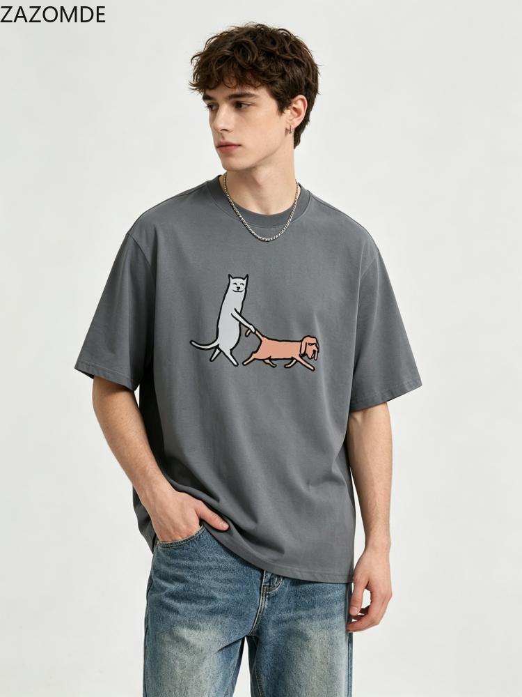 ZAZOMDE Graphic Tee Cute Sketch Cat and Dog Pattern Soft Cotton Oversized TShirts Unisex Summer Aesthetic Streetwear Daily Outfit