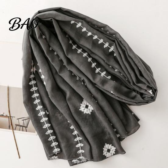 Lightweight Gauze Scarf Solid Color Embroidered Shawl for Women, Soft with Floral Oriental Style Vine Texture, 180x90cm Breathable Wrap Spring Summer