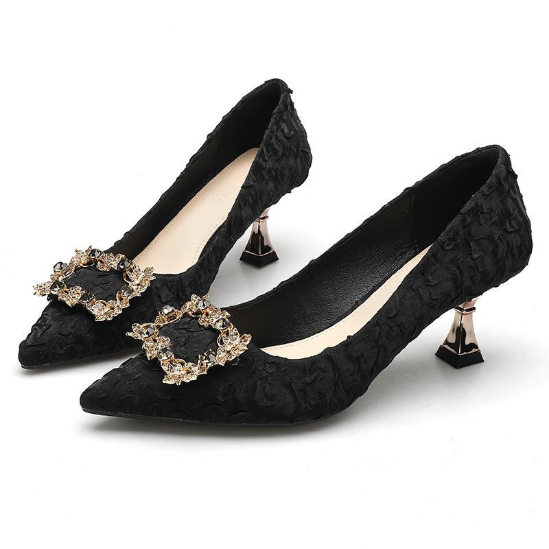 New high heels, thin heel, satin, light mouth, pointed rhinestone square buckle temperament, black small heel single shoes.