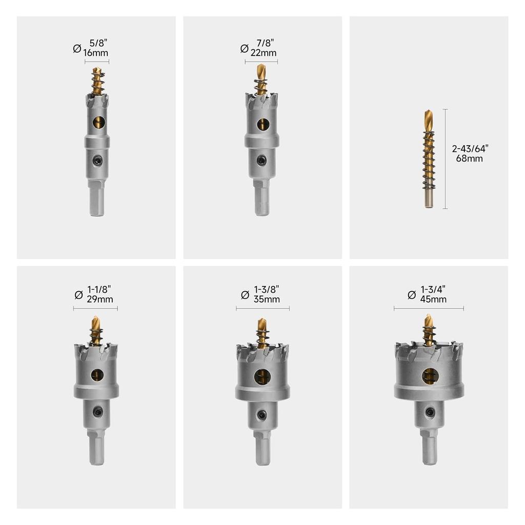 6Pcs TCT Hole Saw Kit, Triangular Shank Metal Steel Hole Saw Drill Bits, Upgrade Heavy Duty Carbide Hole Cutter with a Center Drill & 2Pcs L-Wrench,