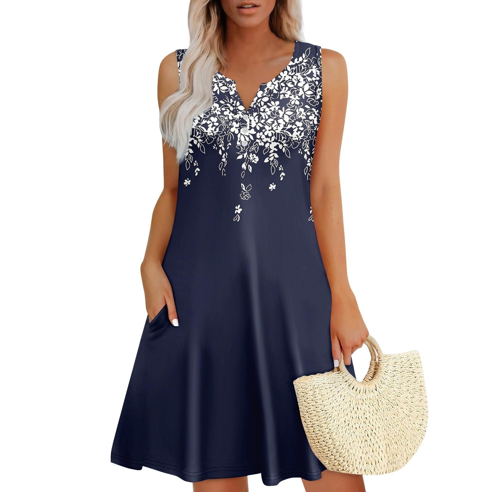 

Женские летние платья Свободные сарафаны без рукавов с V-образным вырезом Платье с карманами XL тёмно-синий