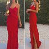 Women Evening Dress Low-cut V Neck Backless Sleeveless Spaghett Strap Split Hem