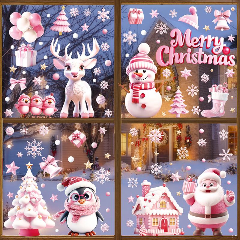 Pink Christmas Wall Stickers Christmas Trees Christmas Wooden Houses Static Stickers Festival Party Decor Glass Stickers