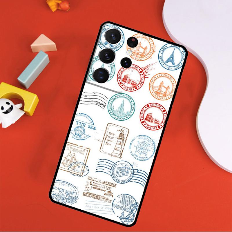 Retro Post Card Passport Stamps Phone Case For Samsung Galaxy S25 Ultra S9 S10 S20 S21 FE S22 S23 S24 Plus S24 Ultra Cover