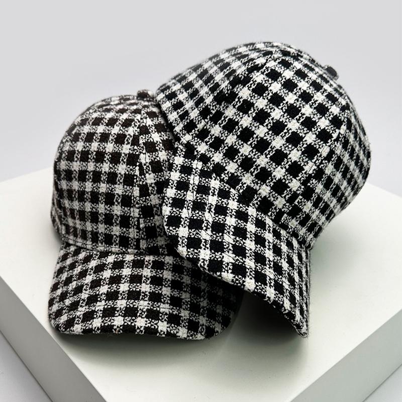 Herbst und Winter Neue Herren Damen Warmer Wollstoff Streifen Karomuster Baseballkappen Vielseitige Mode Britischer Stil Retro Hahnentrittmuster