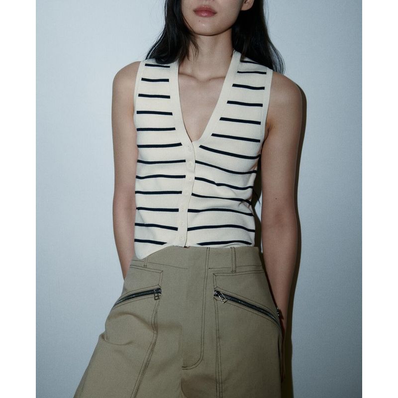 Spring New All-Matching Slimming Inner Bottoming Shirt Sleeveless V Neck Knitting Stripes Vest 3519032