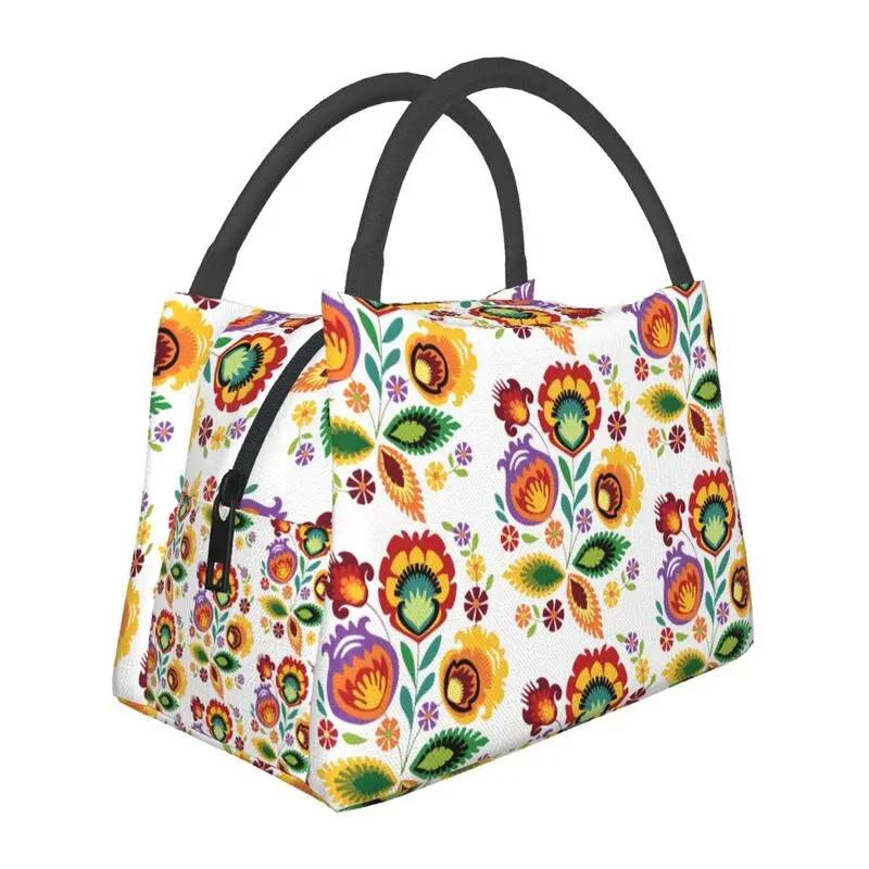 Polish Folk Flowers And Roosters Lunch Box for Women Waterproof Poland Floral Art Cooler Thermal Food Insulated Lunch Bag