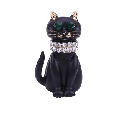 Schwarze Emaille-Katze-Brosche für Frauen, Kristallgrüne Augen-Katze-Brosche, modisches Tier-Party-Kleidungszubehör
