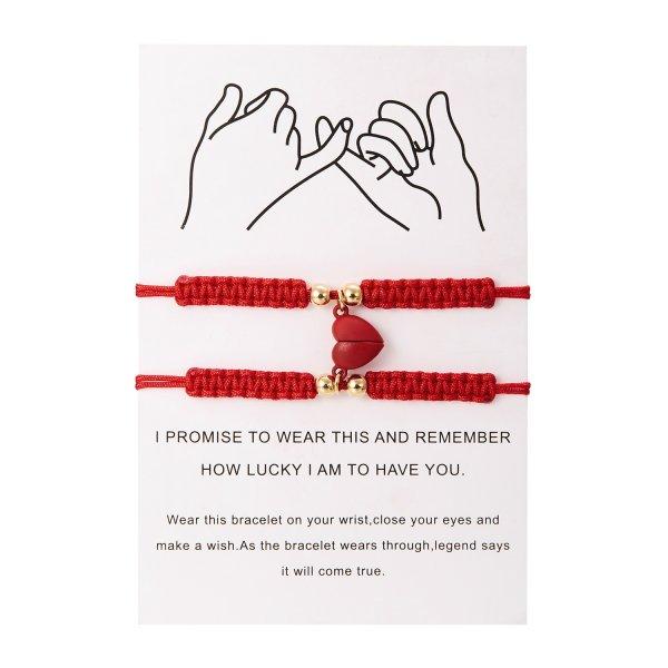 2 Pcs Lucky Red Braided Rope Bracelet for Women Men Romantic Heart Magnetic Matching Bracelets Lovers Valentine's Day Zircon