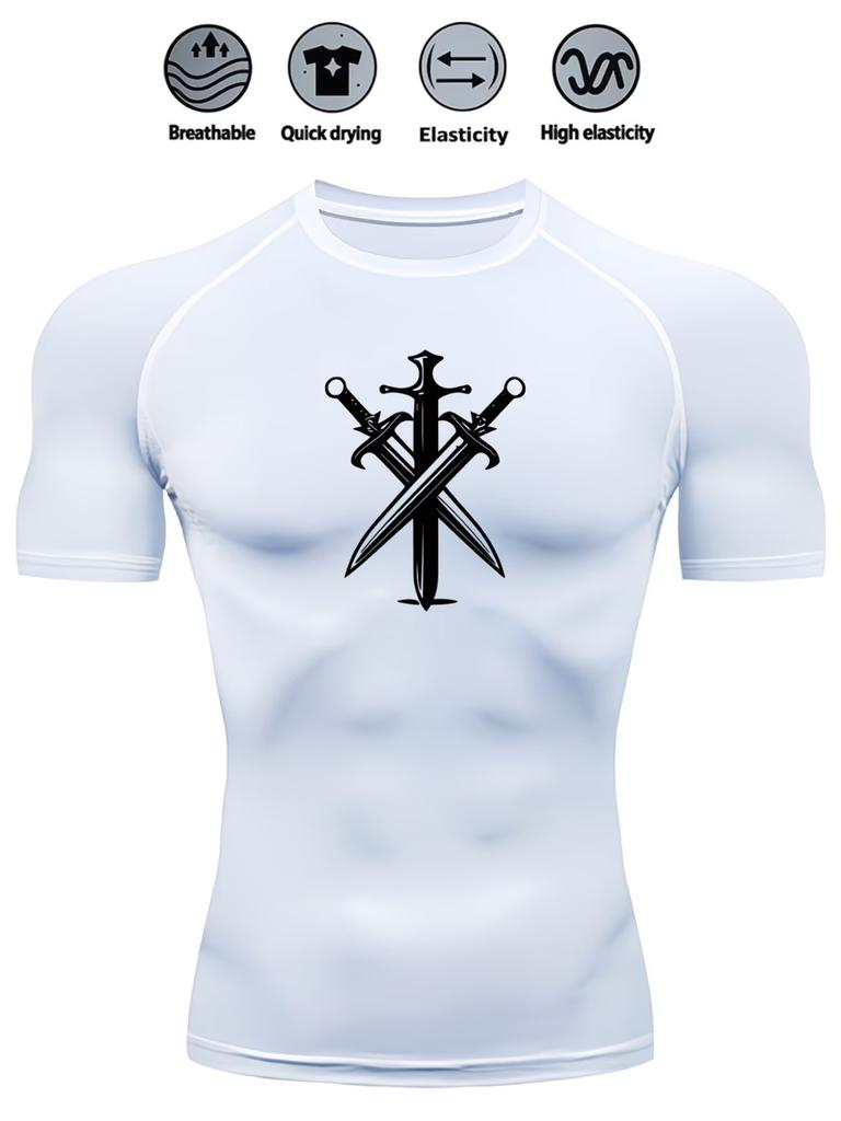 Men's Compression Shirt Quick Dry Navy Blue Gym T-Shirt Three Crossed Swords Print Workout Sportswear