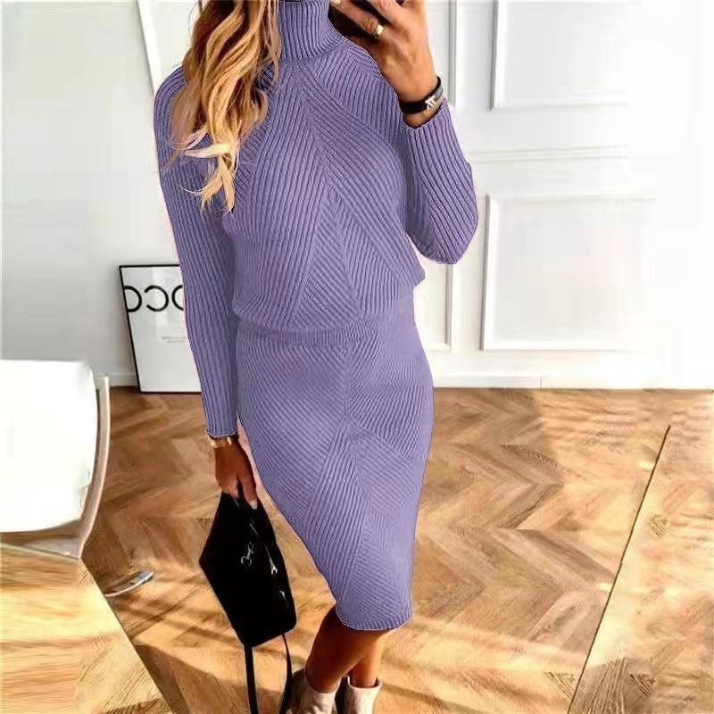 Herbst frauen Stricken Kostüm Rollkragen Einfarbig Pullover Pullover + Schlank Rock Zwei-Stück Set