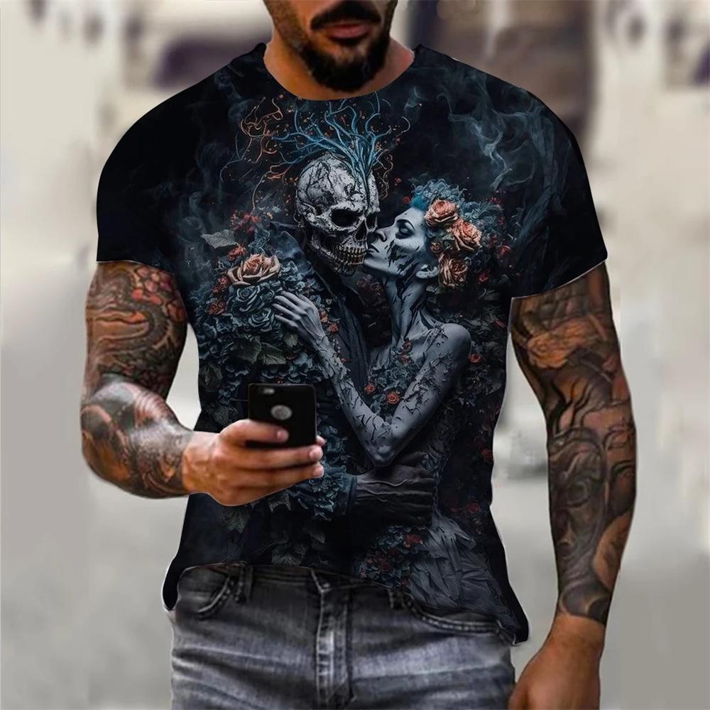 Summer Round Neck 3D Skull Graphic Print Top Fashionable Casual Short Sleeved Men's T-shirts