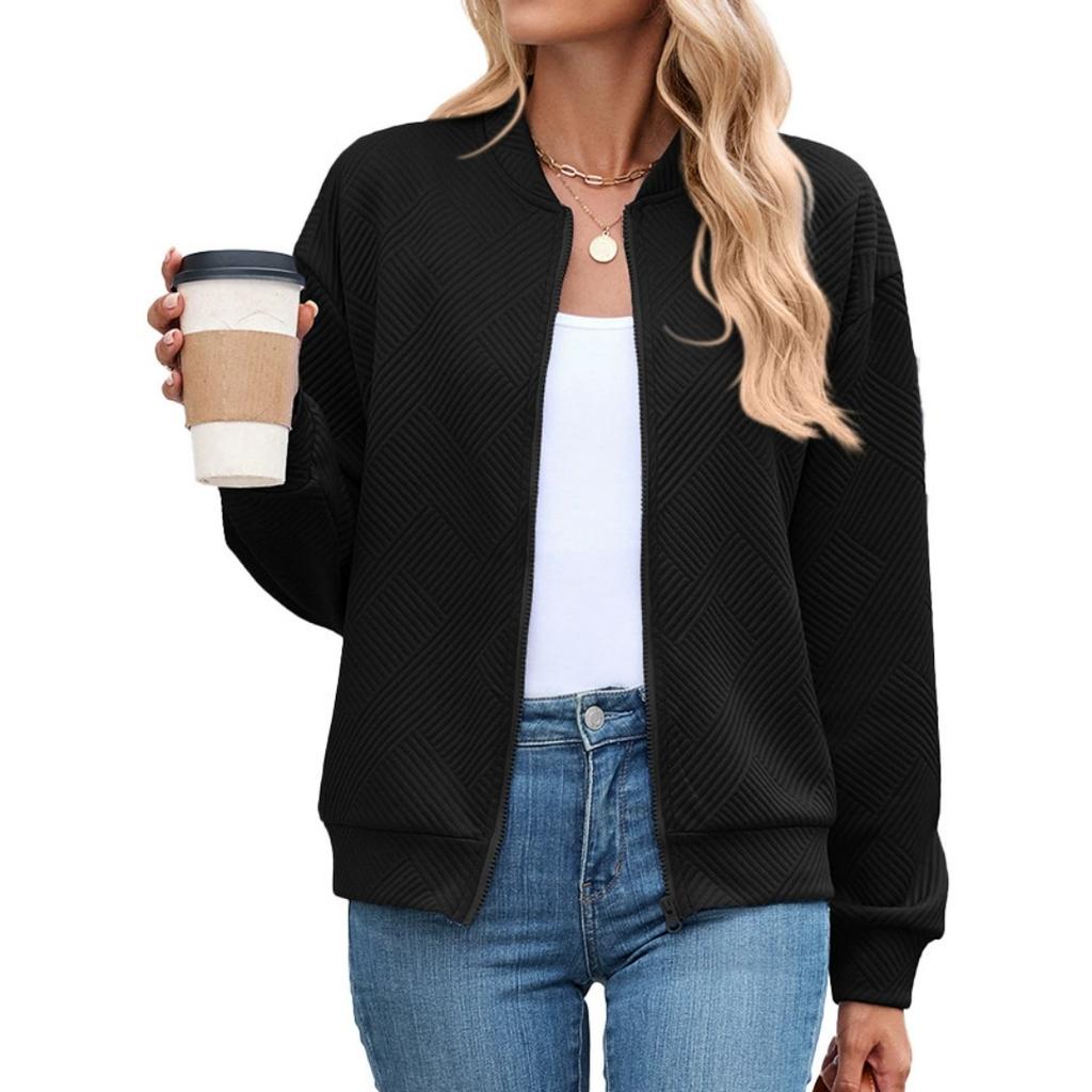 Spring Women's Short Jacket Solid Color Round Neck Zipper Loose Long-sleeved Sweater Baseball Uniform