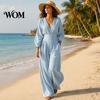 Everyday Wear Jumpsuit Women's Long Sleeve Jumpsuit, Deep V Neck Loose Wide Leg Women Rompers, High Waist Summer Casual One Piece Outfits with Pockets