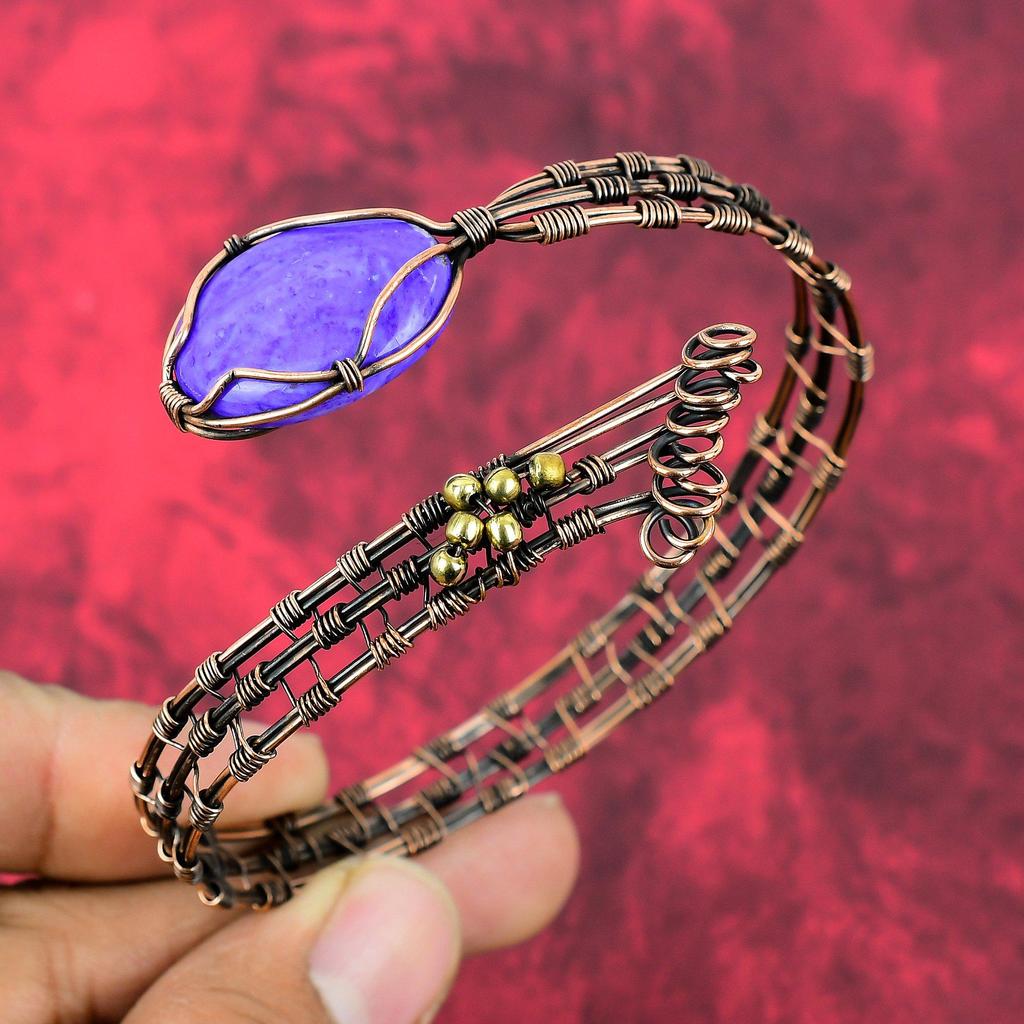 Charoite Bangle Gemstone Cuff Bracelet Copper Wire Wrapped Bangle Copper Jewelry Adjustable Cuff Bracelet Handmade Jewelry Anniversary Gifts