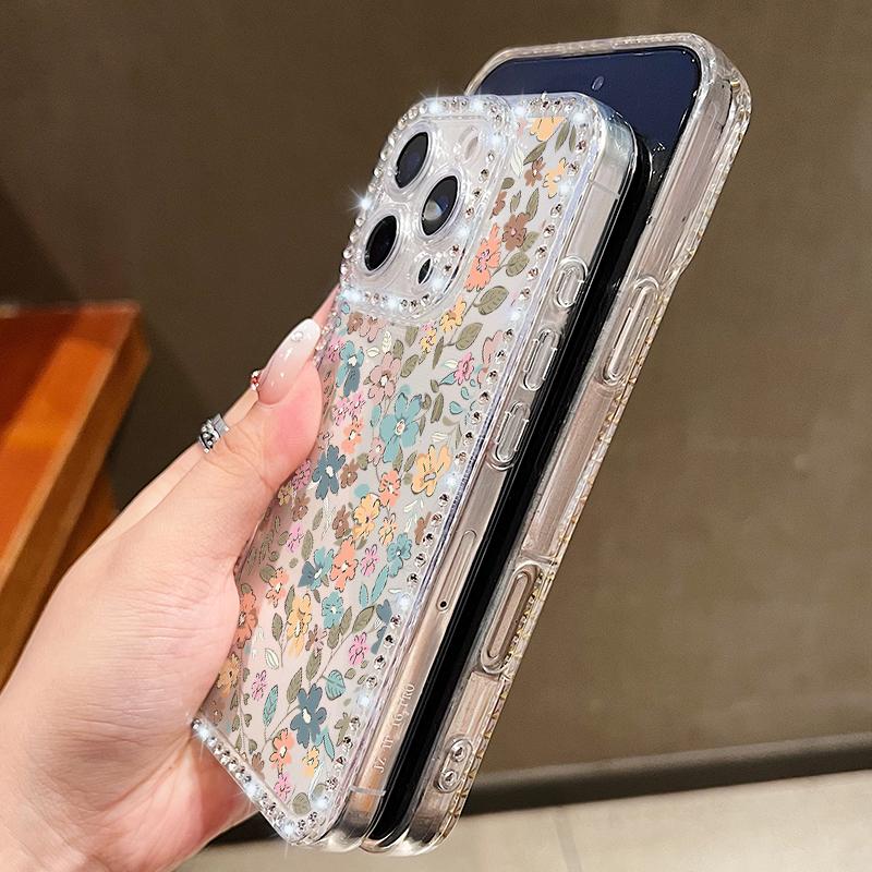 Flower Pattern Clear Soft Silicone Case For iPhone 16E 16 Pro Max 15 Pro 14 13 12 11 Diamond Frame Shockproof Transparent Phone Cover