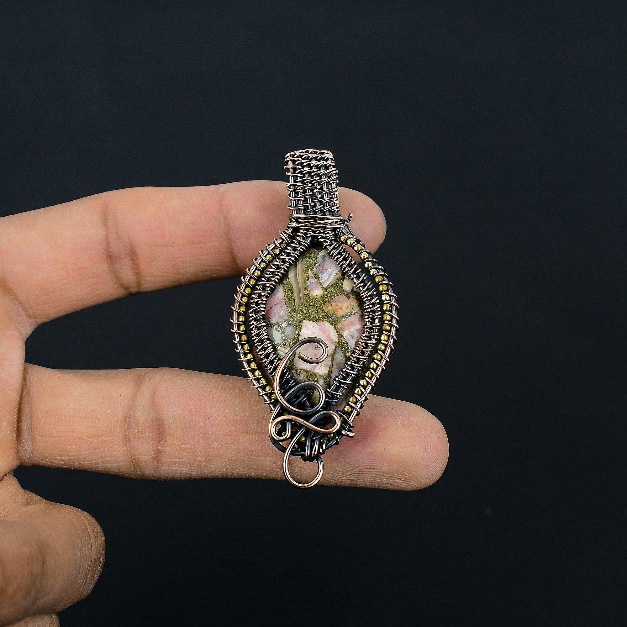 

Медный кулон с родохрозитом, украшения, обернутые медной проволокой 999 пробы, кулон с драгоценным камнем, ювелирное изделие ручной работы в подарок на свадьбу 2.55 Inches