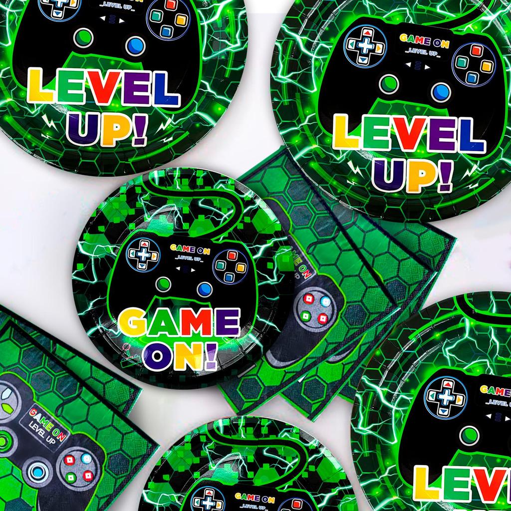 Video Game Party Supplies,128pcs Video Game Party Tableware Set-Video Game Plates and Napkins,Cups Table Cloth Banner etc Party Decorations Supplies