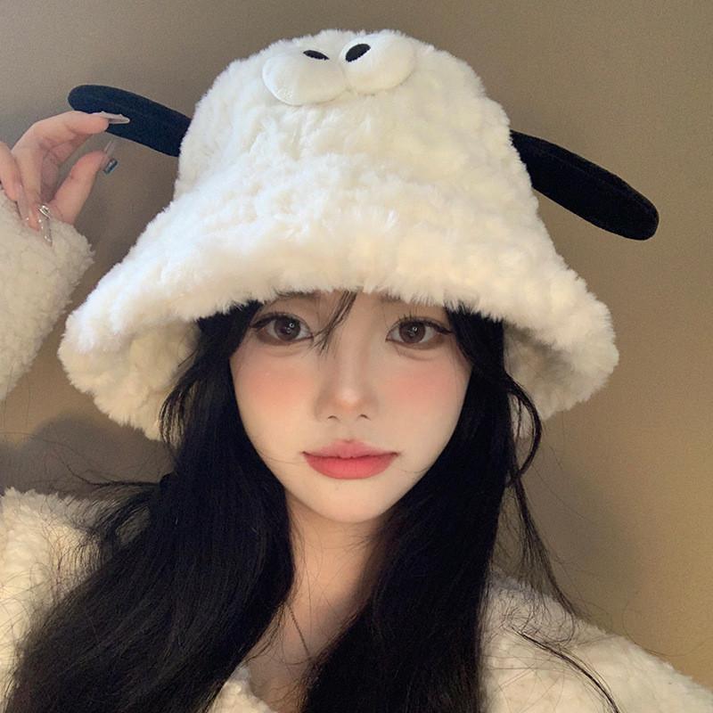 

Cute Cartoon Sheep Fur Bob Hat For Winter Warmth Teen Girls Autumn Fashion WhiteEyePlushHat