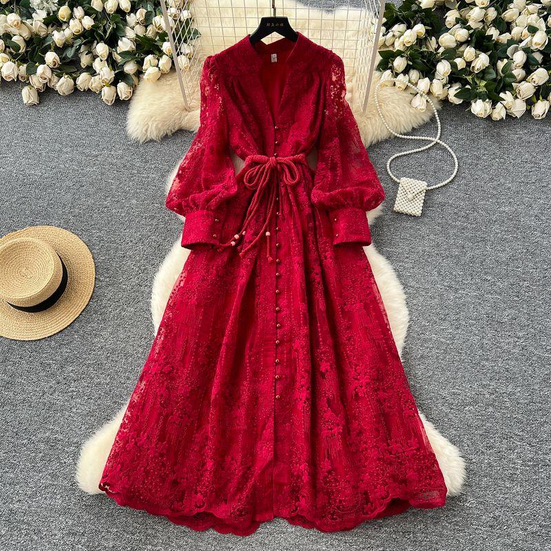 French Style Classy Women's Clothing Dress 2025 Spring Tight Waist Machine Embroidery V-neck Lantern Sleeve Single-Breasted Long Skirt
