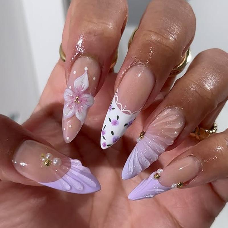 

24PCS Sweet Purple French Press on Nails Cute 3D Flowers Ripples with Lace Pattern Almond Fake Nails for Women Wearable Manicure