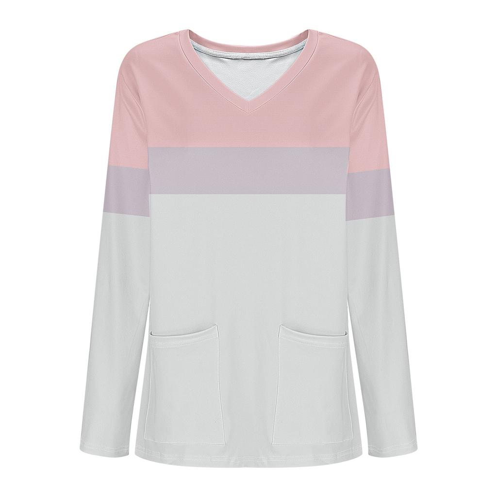 Women's Fashion V-Neck Long Sleeve Workwear With Pocket Striped Printed T-Shirt Top
