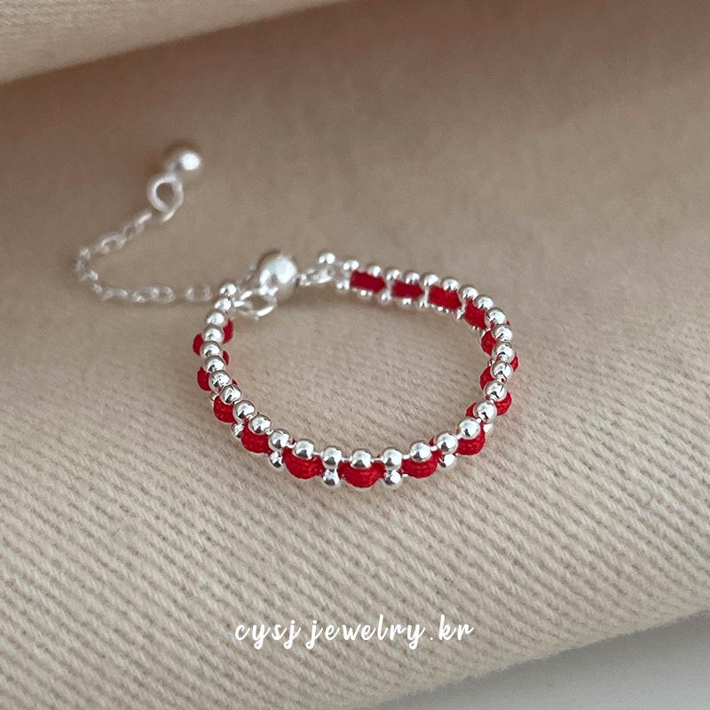 Cuiyan Shijie S925 Silver Korean Style Red Rope Drawstring Ring - Simple Handmade Women's Woven Jewelry
