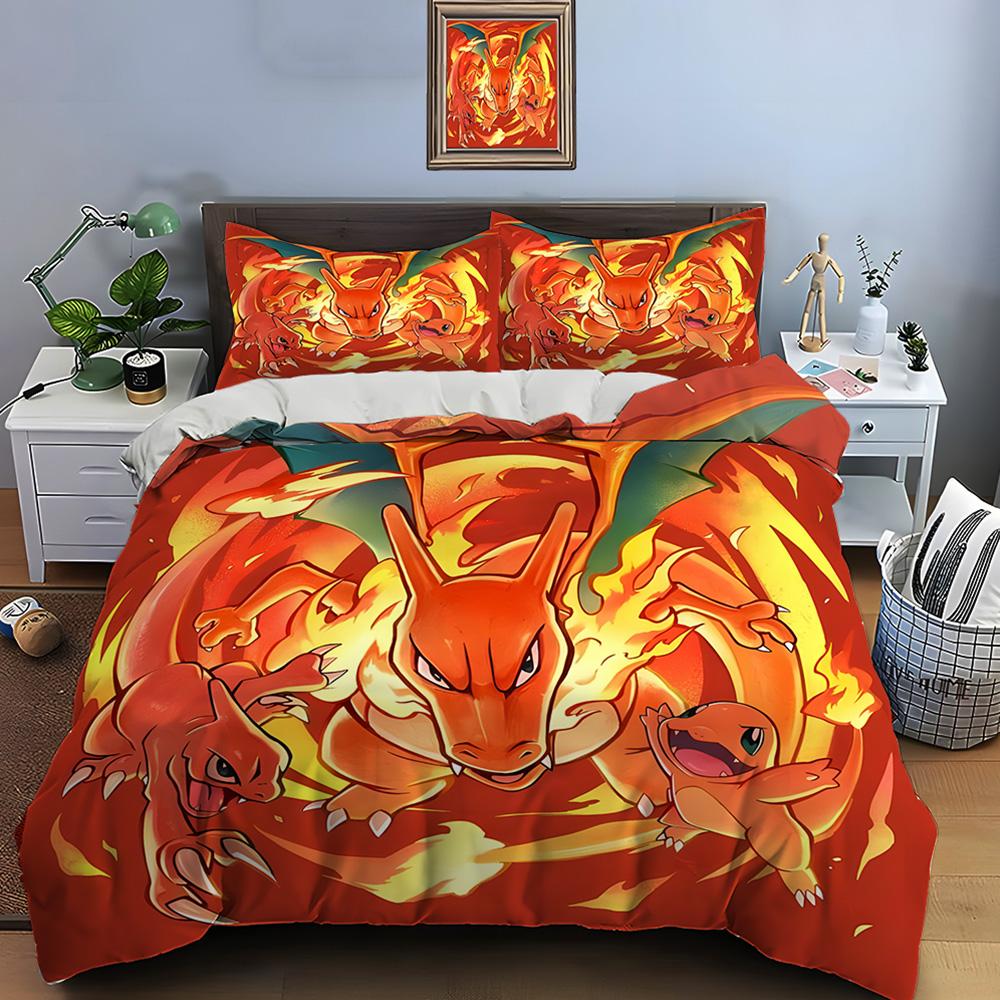 10 Sizes Pokémon Charizard Print Bedding Set 3 Pieces Setting Bed King Size Pillowcase Adult Bed Cover Bedroom Bed Set for Gifts