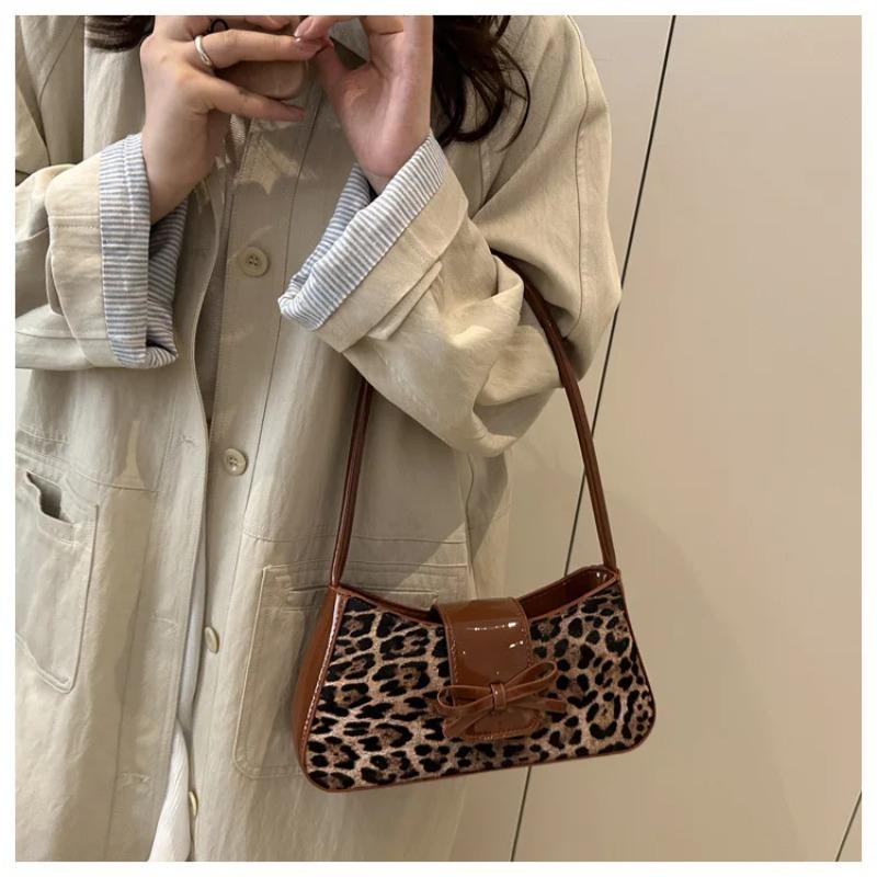 Retro Leopard Print PU Leather Women's Shoulder Bags Fashi Versatile Ladies Underarm Bags Simple Bowknot Female Handbags