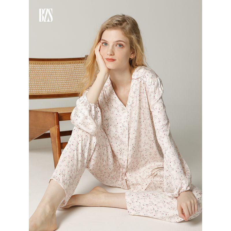 Satin Spring and Autumn Cardigan Cotton Silk Women's Thin Floral Pants Two-Piece Pajamas Long Sleeves V Neck Cotton Silk Home Wear
