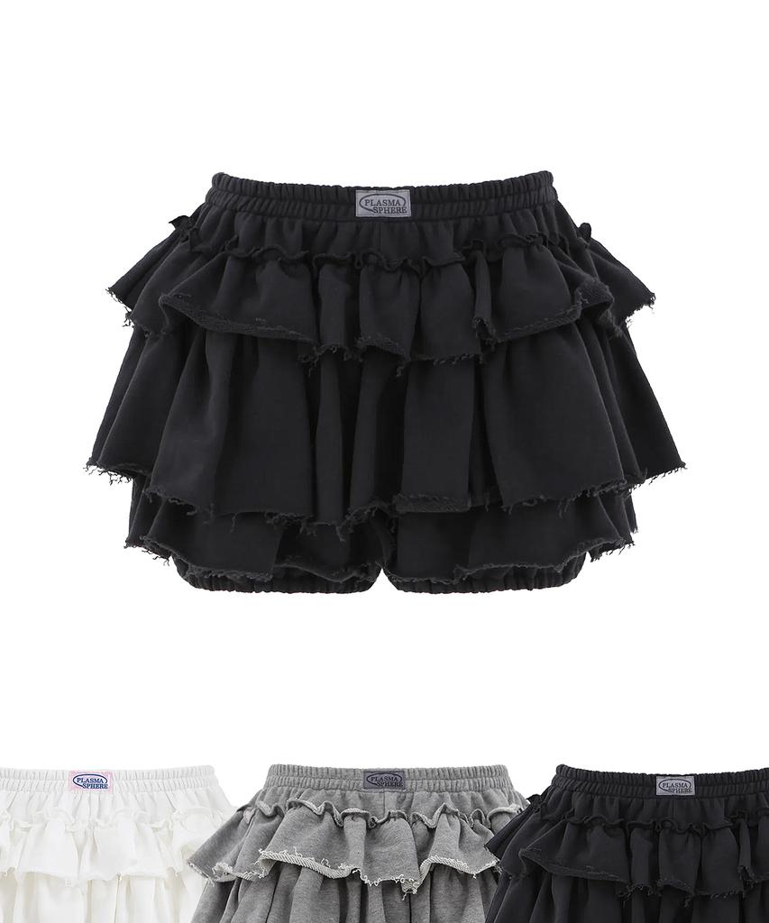 PLASMA SPHERE Tutu Tiered French Ferry Shirred Tiered Mini Skirt Pants_Black