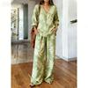 Bohemian Print Cotton and Linen Shirt Wide-leg Pants Two-piece Set, Vacation Casual Suit Women
