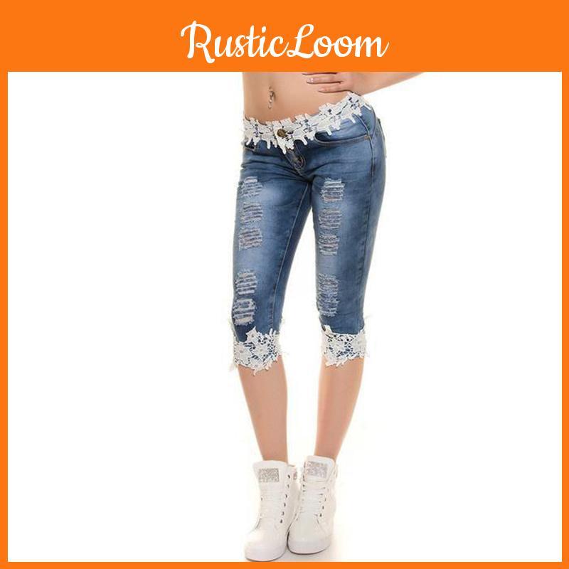 Stylish Women Jeans Lace Elastic Casual Big Size Cowboy Denim Shorts For Daily Wear