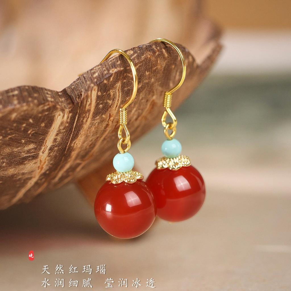 Jinhua Huaishan Natural Red Agate Earrings, Pure Silver Studs, Feng Shui Wealth-Attracting, New Chinese Style, Exquisite Earrings with a Sense of