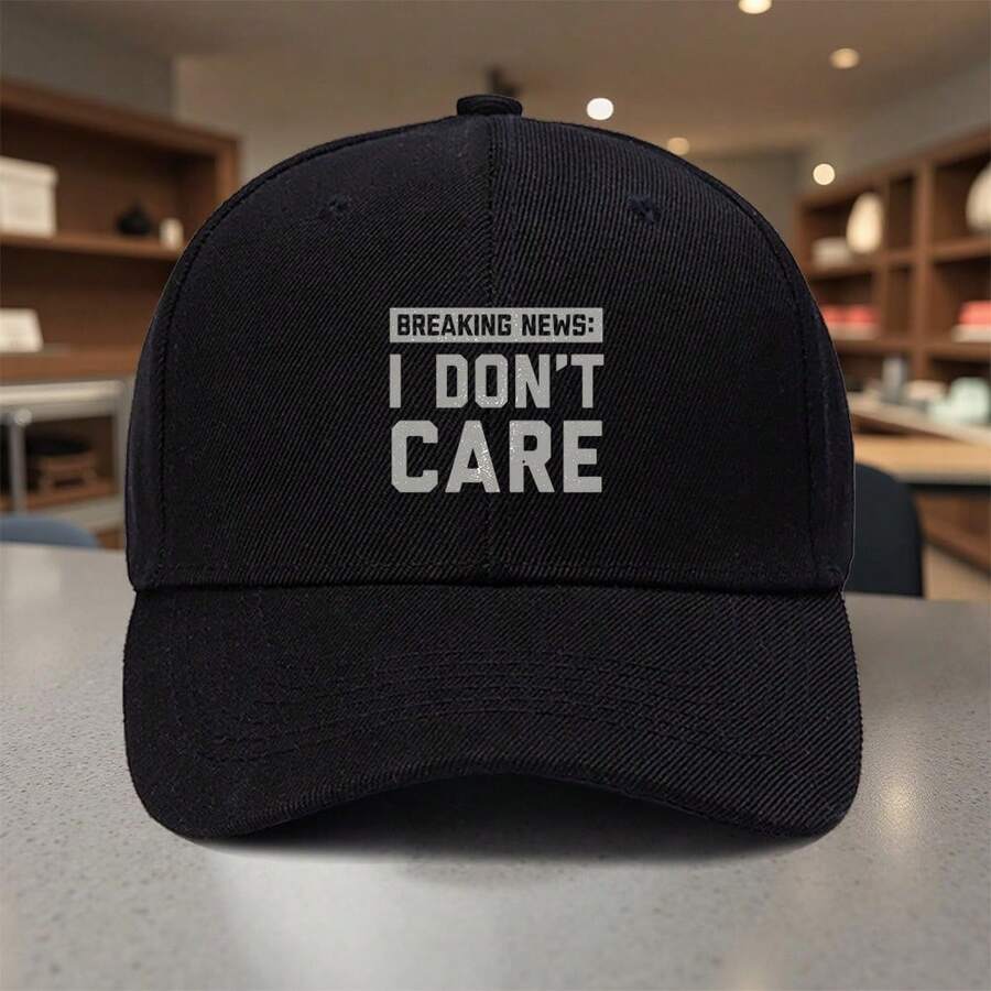 Red Adjustable Baseball Cap With Printed Breaking News: I Dont Care Text