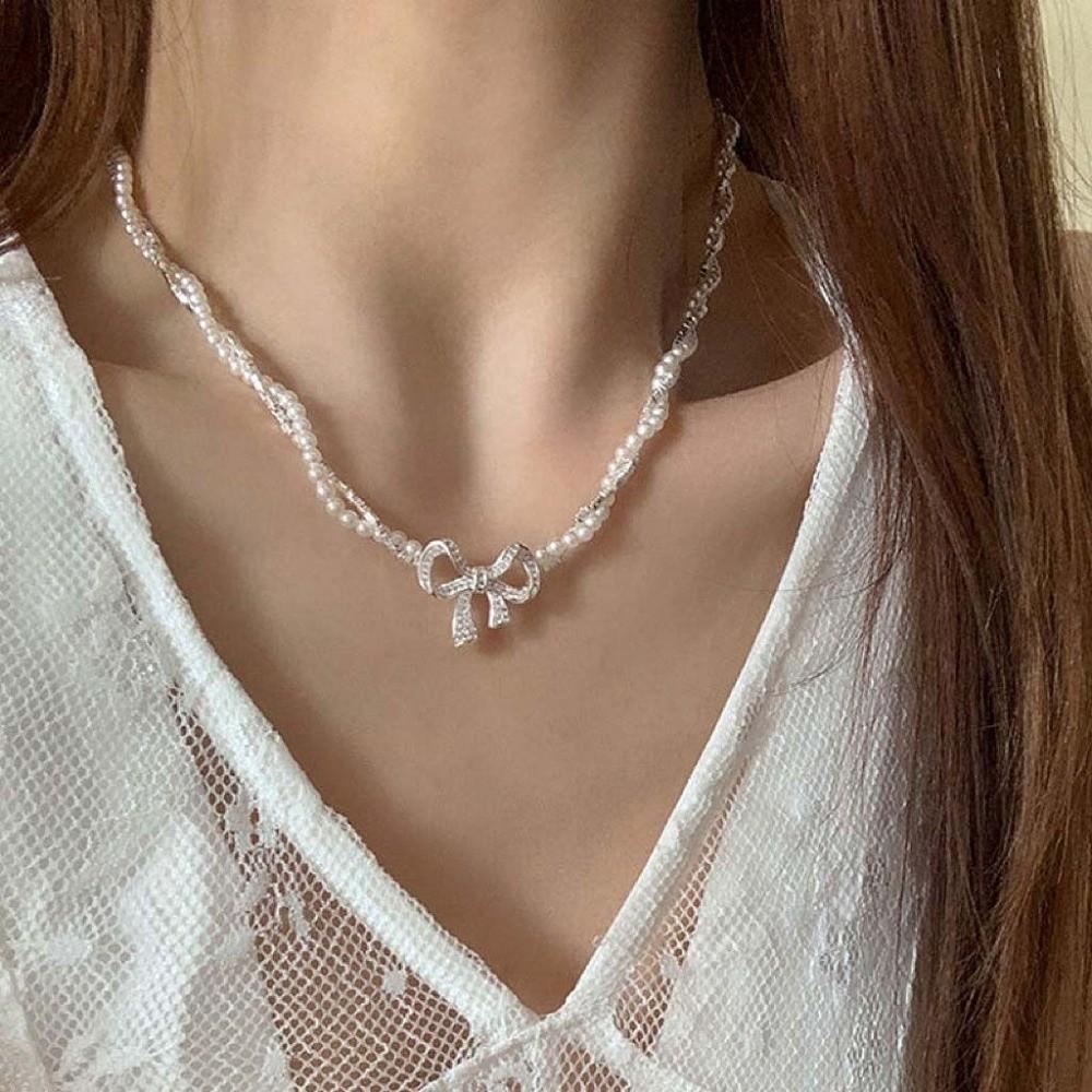Clavicle Chain Silver Bowknot Necklace Pearl Simple Pendant Chain Bow Necklace Pendant  Girls/Women