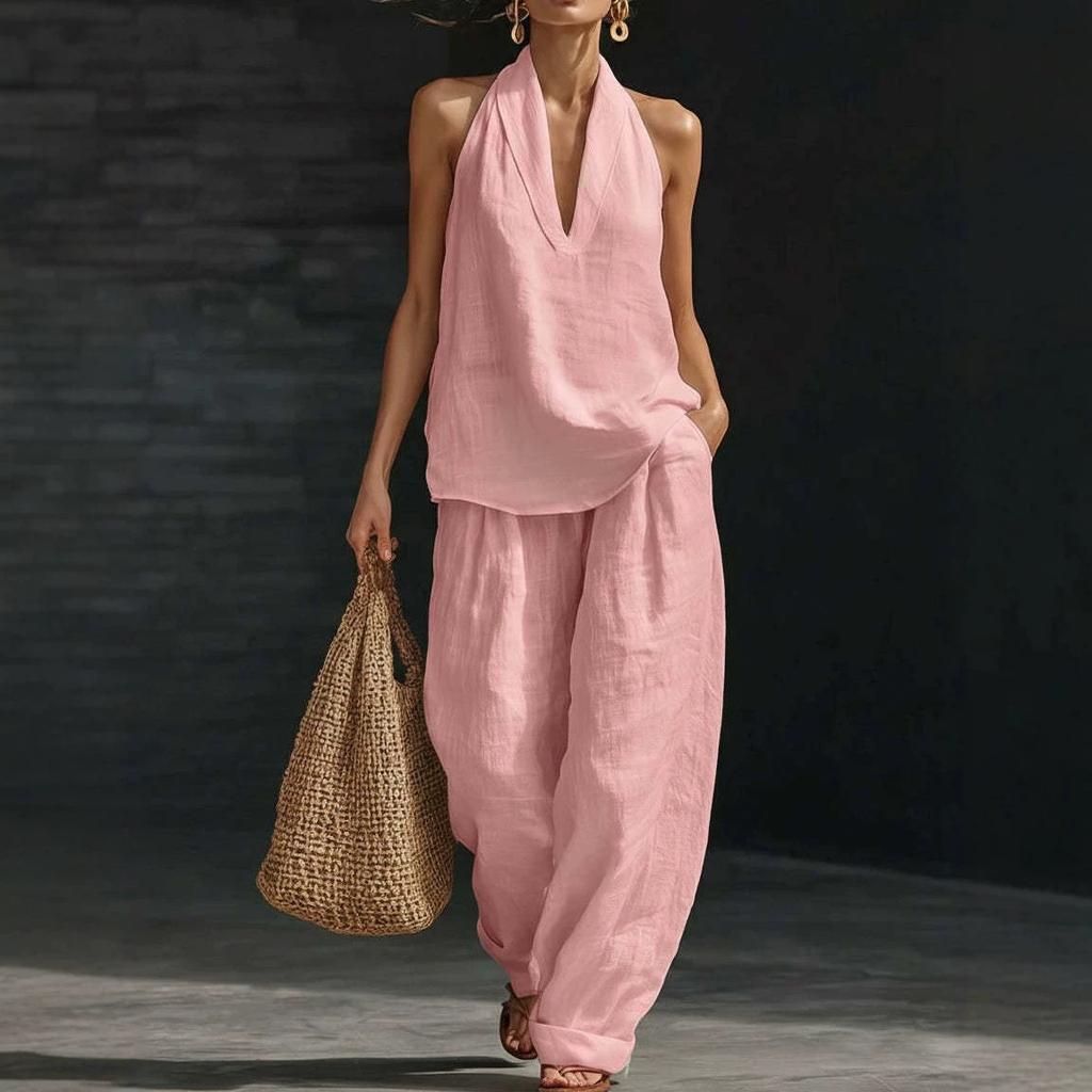 Spot European and American Cross-border Amazon Large-size Women's Set Hanging Neck V-neck Cotton and Linen Blended Commuter and Leisure Two-piece Set