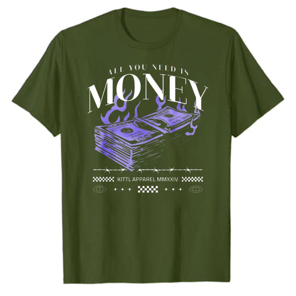 All You Need Is Money Purple Flame Stacked Dollar Bill Print Cotton Tshirt Retro Entrepreneur Casual Wealth Theme Party Gift Top