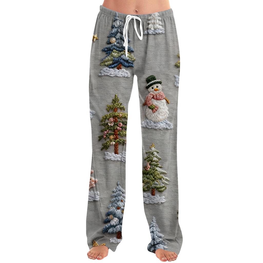 Ladies' Loose And Casual Christmas Printed Wide Leg Pants With Elastic Waistband Drawstring And Pocket Pants