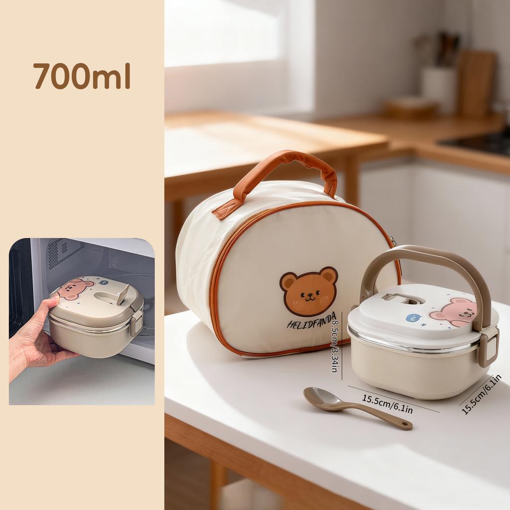 WORHTBUY Cute Square Insulated Food Container With Spoon Portable Large Capacity Stackable 304 Stainless Steel Lunch Box For Kid